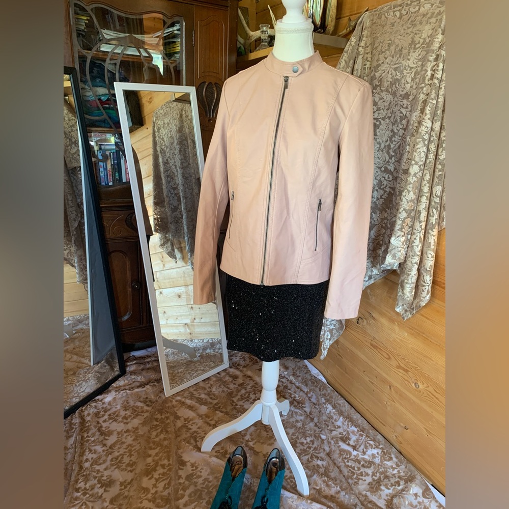 Women's Pink Moto Jacket Medium Vegan Leather‎ Sustainable Fashion Formal Casual